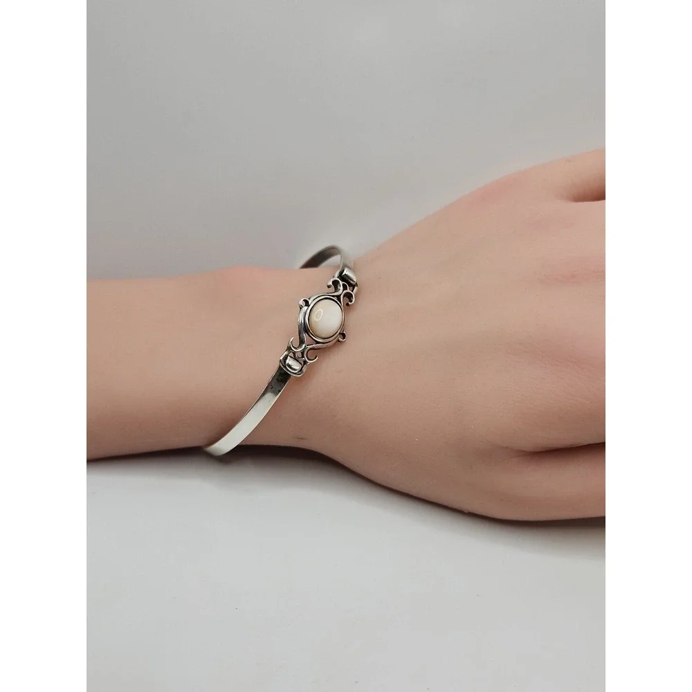 Sterling Silver 925 Peach Moonstone Bracelet Openwork Stackable 7.5